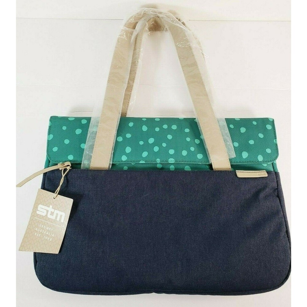 STM Laptop Carrier Shoulder Bag Denim Teal Green Polka Dot Soft Lining